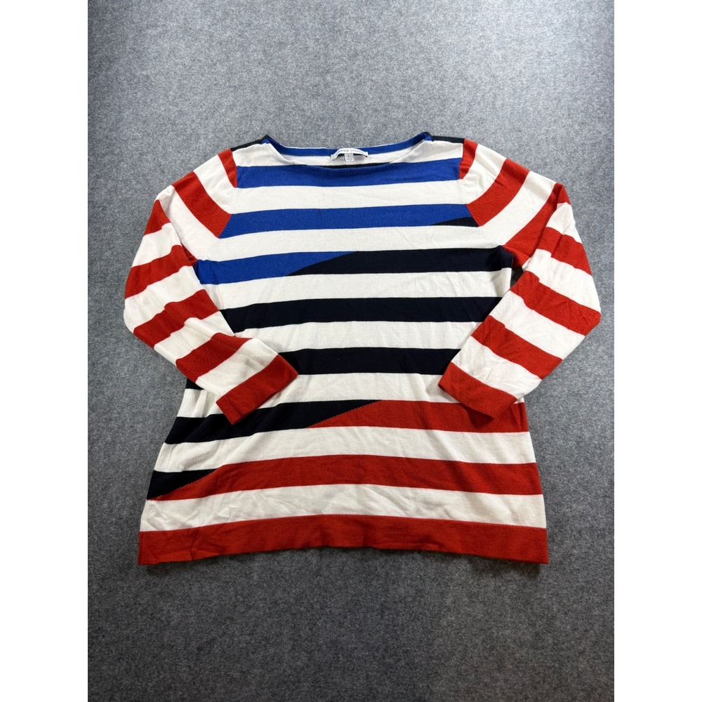Adrienne Vittadini XL Red White Blue Striped Knit Top Boat Neck 3/4 Sleeve